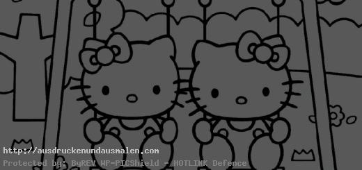 Hello Kitty und Schwester spielen auf einer Schaukel